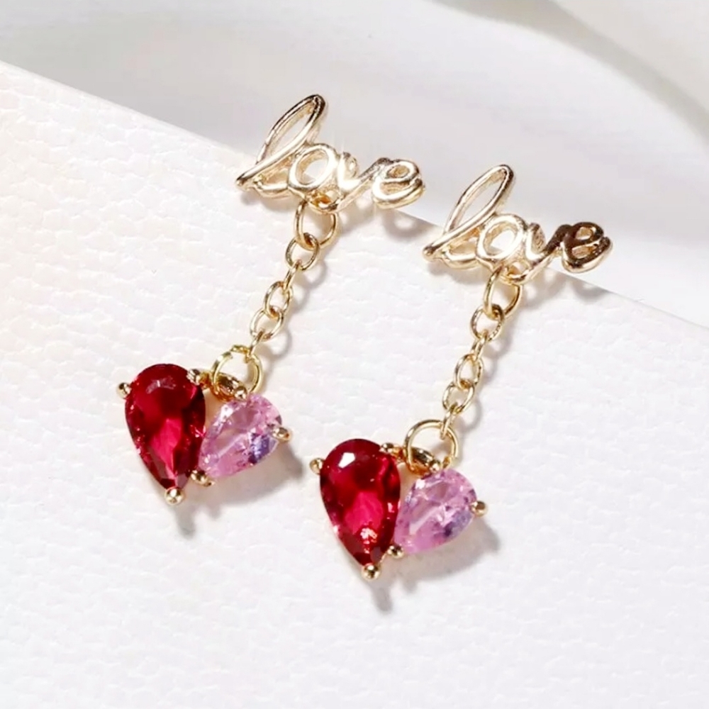Gold red pink crystal love heart drop earrings with silver post